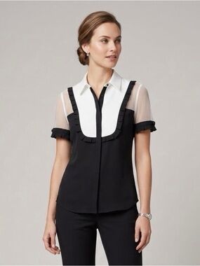 Anne Fontaine Black and White Mixed-Media Short Sleeve Blouse